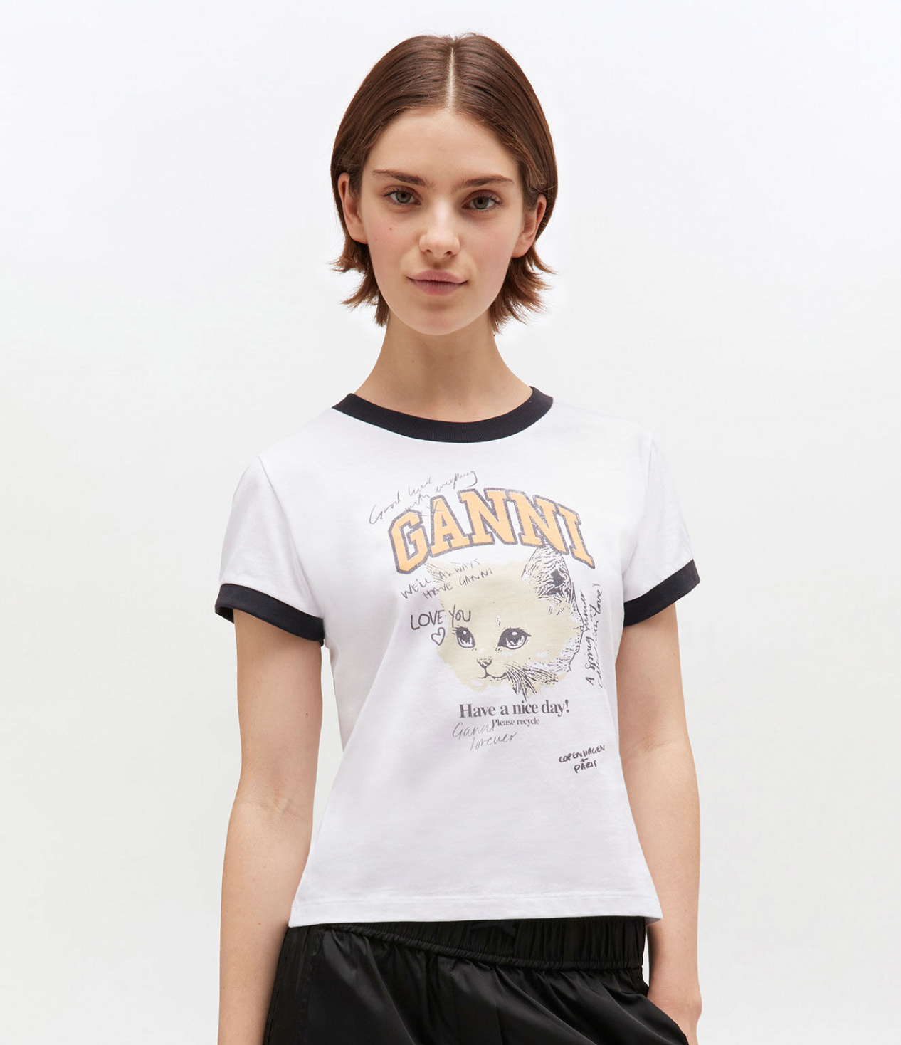 GANNI: White Cropped Kitty T-shirt